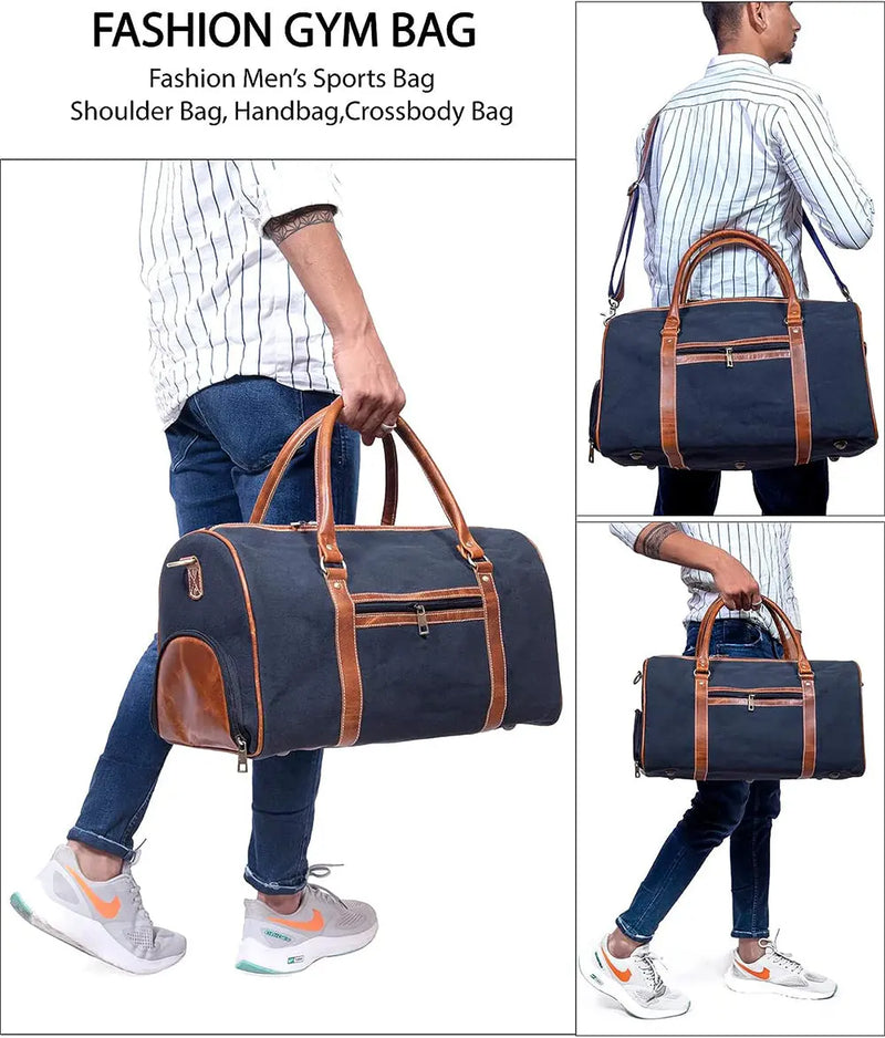 Canvas Genuine Leather Large Duffel Bag Overnight Weekender Bag - Puck's