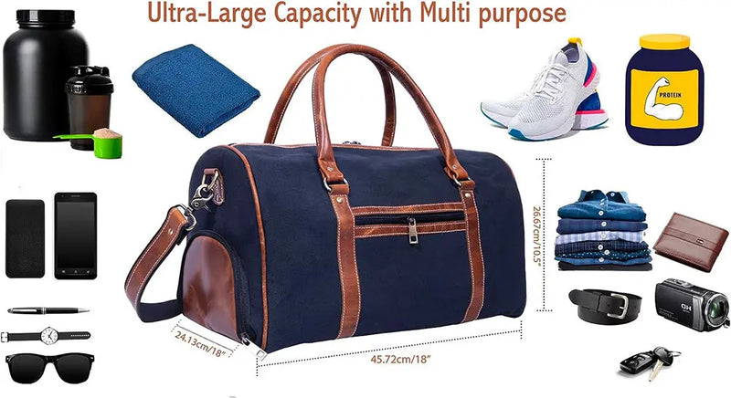 Canvas Genuine Leather Large Duffel Bag Overnight Weekender Bag - Puck's