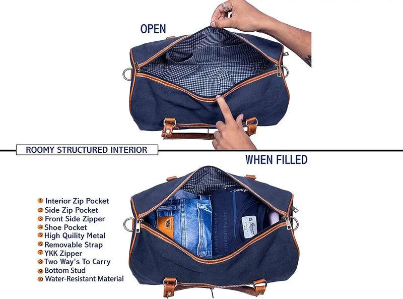 Canvas Genuine Leather Large Duffel Bag Overnight Weekender Bag - Puck's