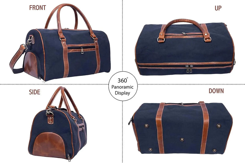 Canvas Genuine Leather Large Duffel Bag Overnight Weekender Bag - Puck's
