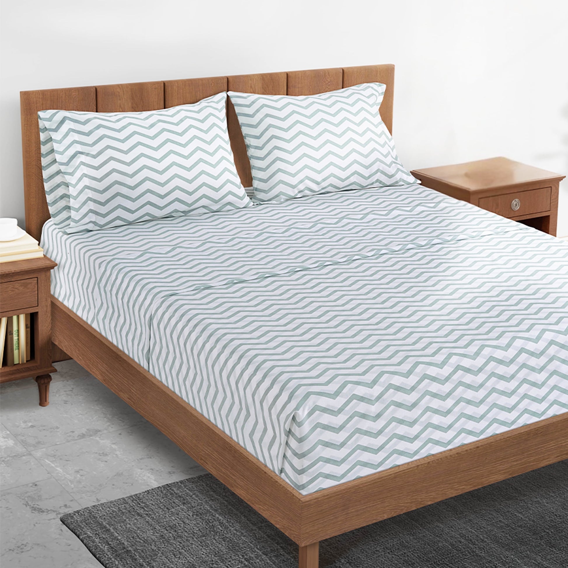100% Cotton 3 Piece Pure Percale Twin Size Bed Sheets Set, Fits Mattress Upto 15" Deep - Cool Blue Chevron