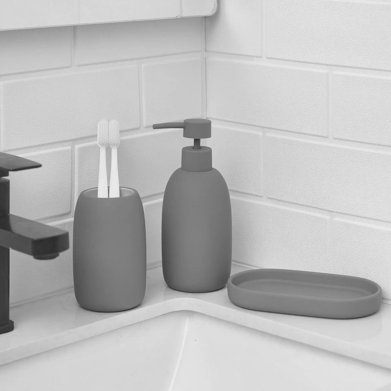 Ceramic Stoneware Bath Accessories 3-Piece Set, Grey - Puck's