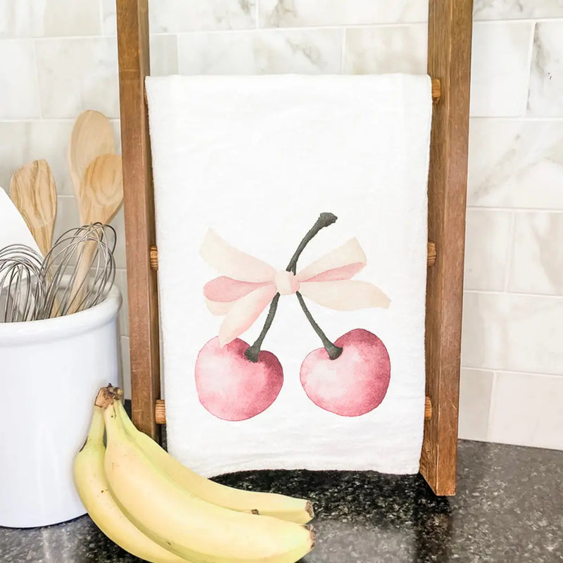 Cherries with a Bow - Valentine's Day Cotton Tea Towel - Puck's