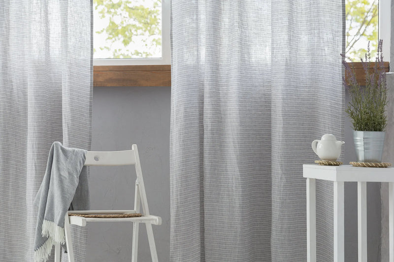 Cloudy Grey Stripe linen curtain with pleating tape and crown - Puck's