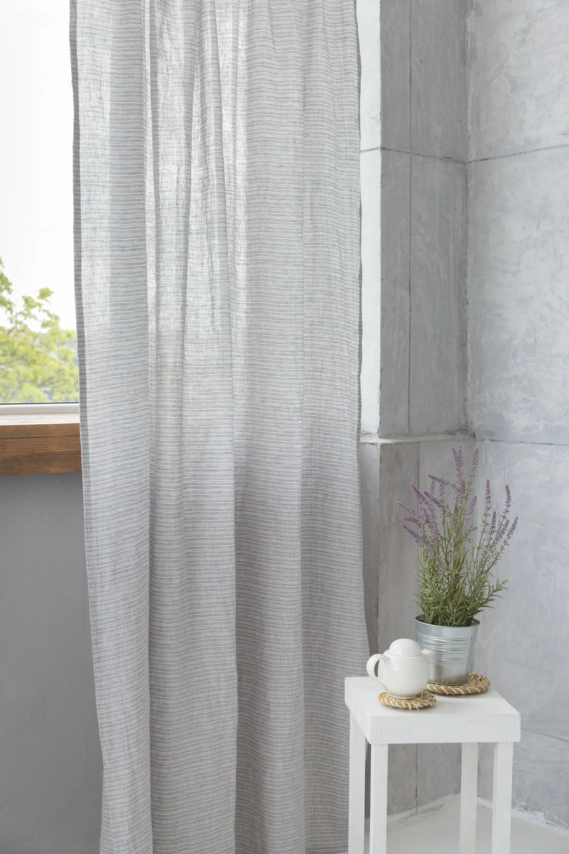 Cloudy Grey Stripe linen curtain with pleating tape and crown - Puck's