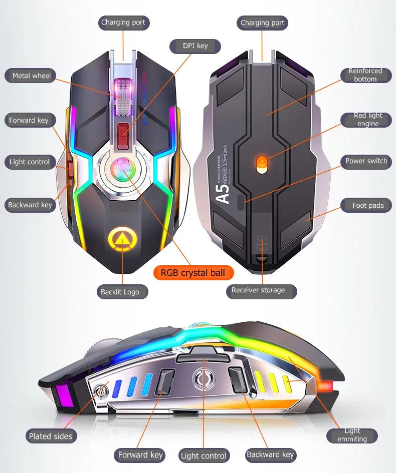 Color Wireless Gaming RGB Rechargeable Mute Button Mouse - Puck's