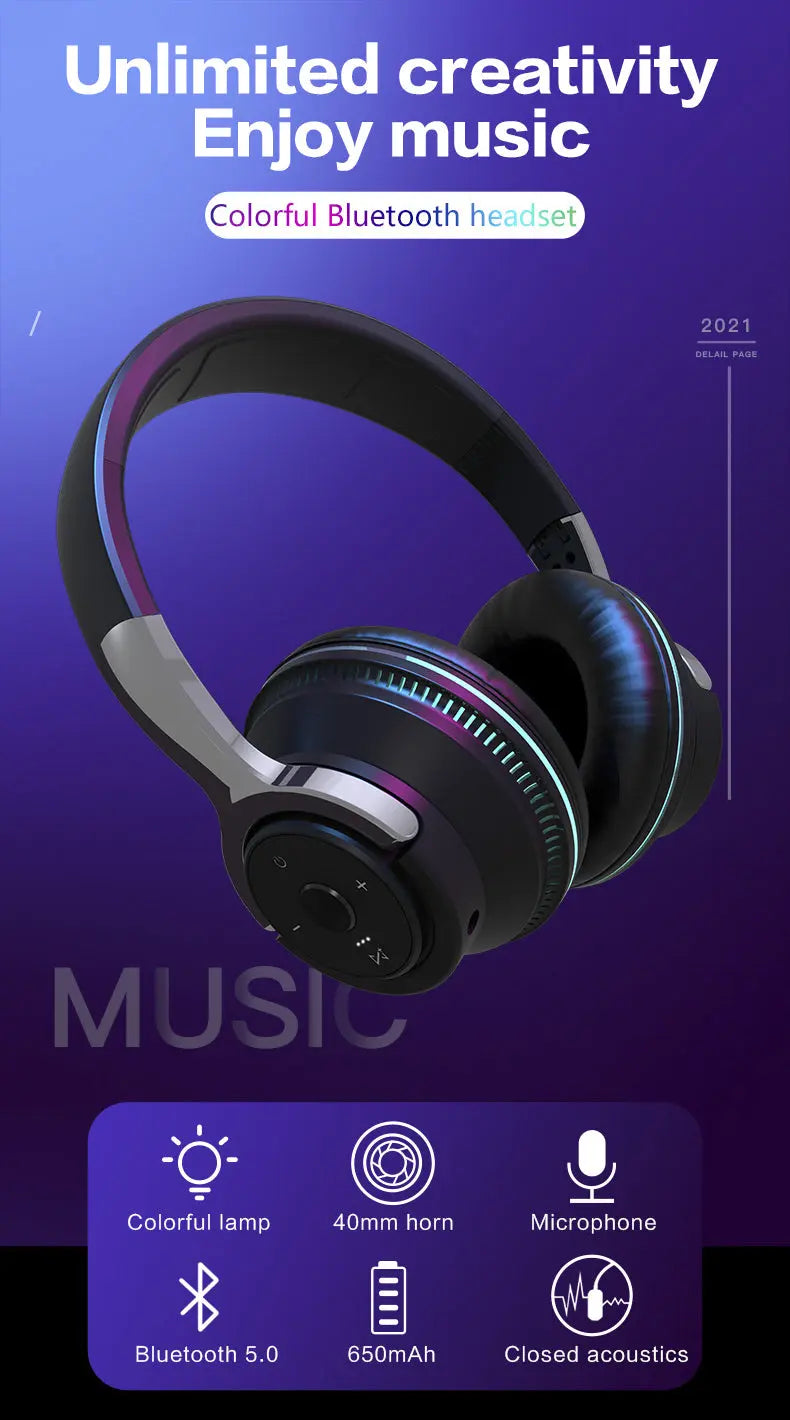 Colorful LED Lights Bluetooth Headphone Bass Wireless Earphones - Puck's