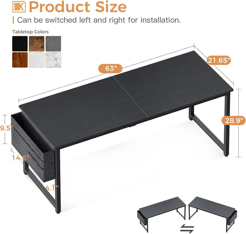 Computer Desk Large Office Desk, 63 Inch Gaming Desk with Storage, Modern PC Desk Work Table with Headphone Hook for Home Office, Black - Puck's