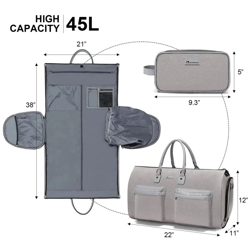 Convertible Garment Bag with Toiletry Bag, Modoker Carry on Garment Duffel Bag for Men Women - 2 in 1 Hanging Suitcase Suit Travel Bags, Light Grey - Puck's