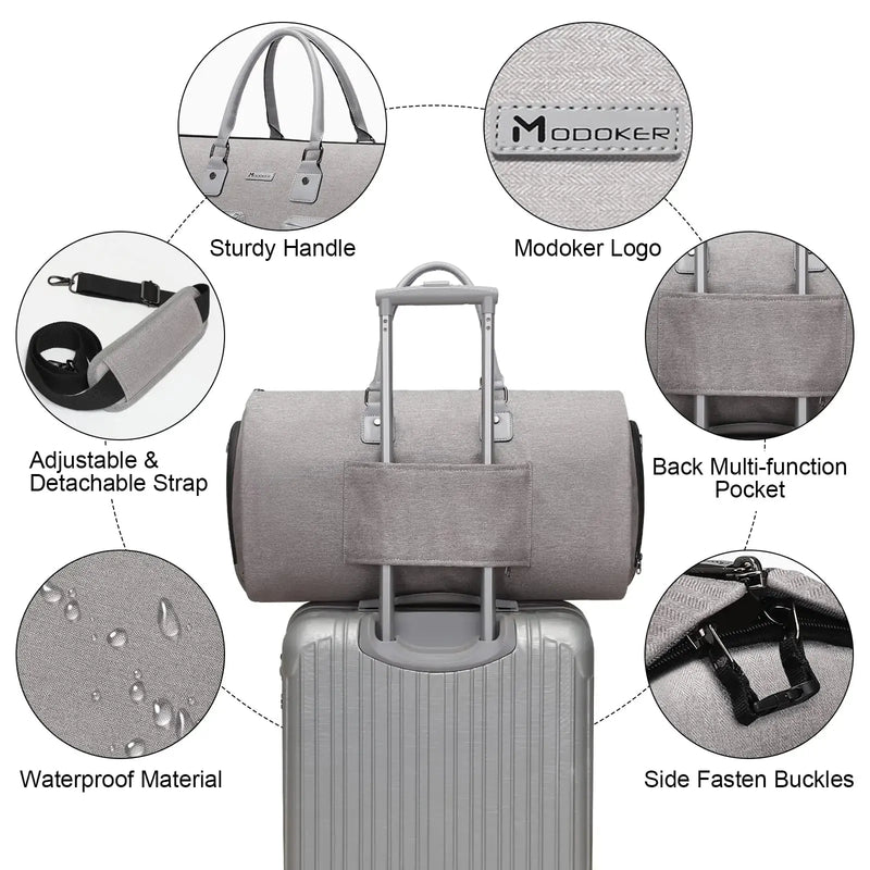 Convertible Garment Bag with Toiletry Bag, Modoker Carry on Garment Duffel Bag for Men Women - 2 in 1 Hanging Suitcase Suit Travel Bags, Light Grey - Puck's