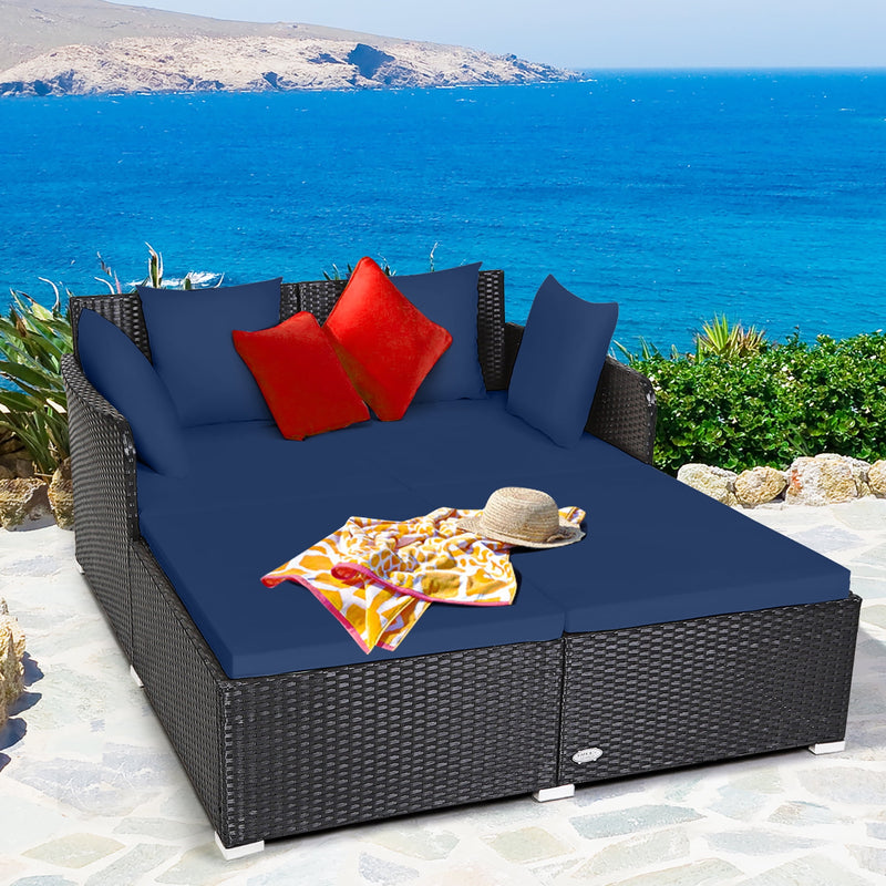 Outdoor Patio Rattan Daybed Pillows Cushioned Sofa Furniture Navy - Puck's