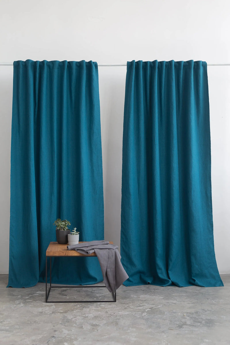 Dark Sea Blue linen curtain with blackout, tape - Puck's