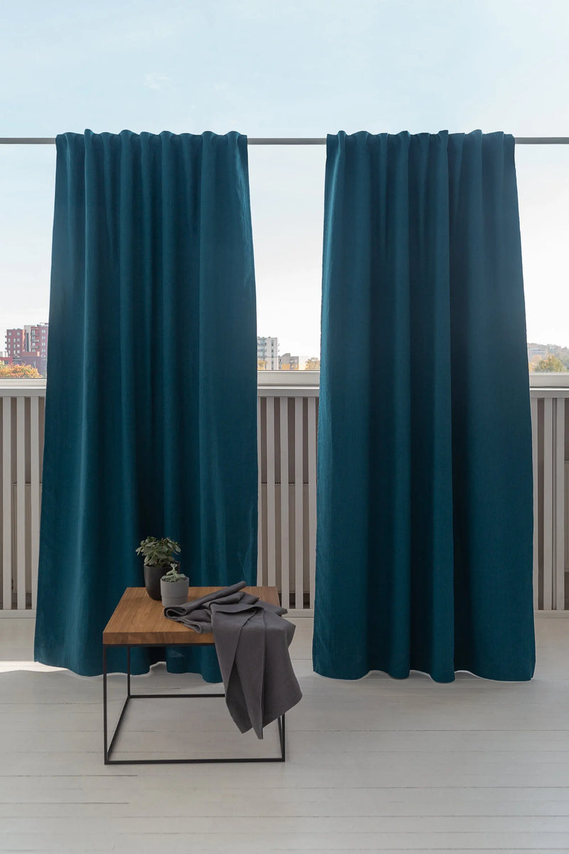 Dark Sea Blue linen curtain with blackout, tape - Puck's
