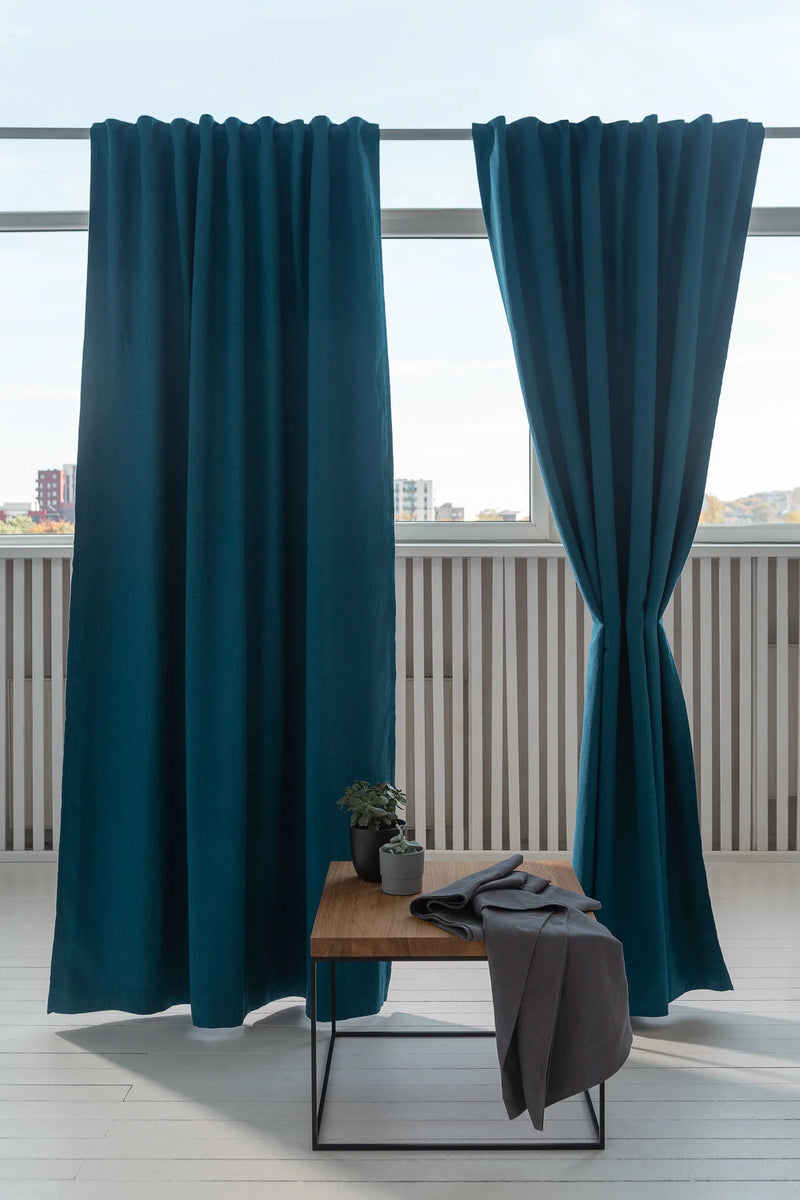Dark Sea Blue linen curtain with blackout, tape - Puck's