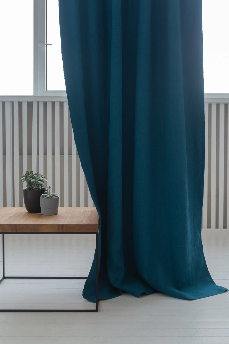 Dark Sea Blue linen curtain with blackout, tape - Puck's