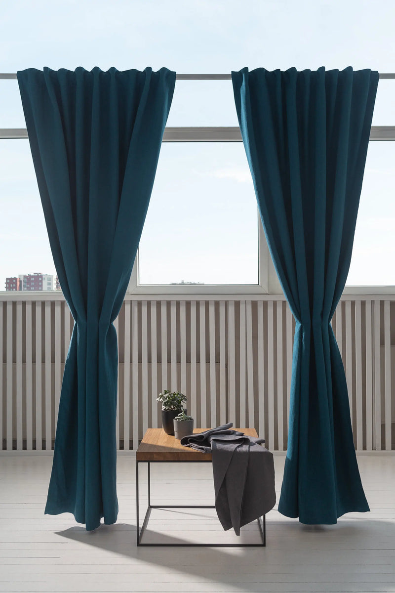 Dark Sea Blue linen curtain with blackout, tape - Puck's