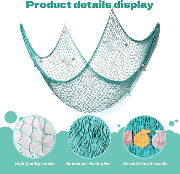 Decorative Fish Net, 79 X 59Inch Mediterranean Style Nautical Decorative Fishing Net Wall Hangings Decoration with Sea Shells, Turquoise - Puck's