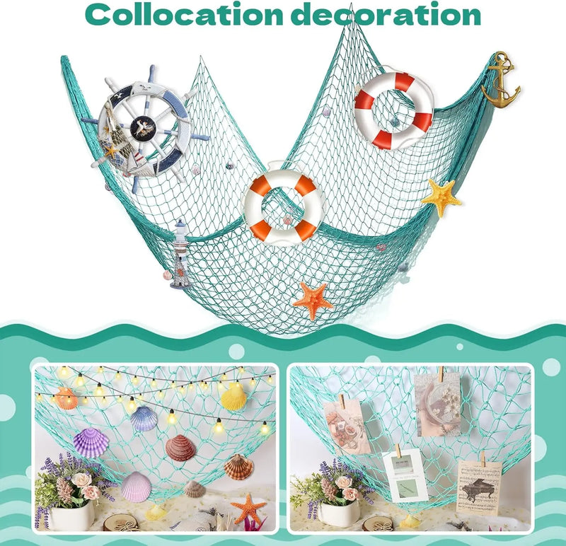 Decorative Fish Net, 79 X 59Inch Mediterranean Style Nautical Decorative Fishing Net Wall Hangings Decoration with Sea Shells, Turquoise - Puck's