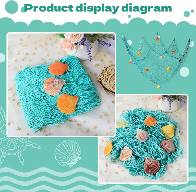 Decorative Fish Net, 79 X 59Inch Mediterranean Style Nautical Decorative Fishing Net Wall Hangings Decoration with Sea Shells, Turquoise - Puck's