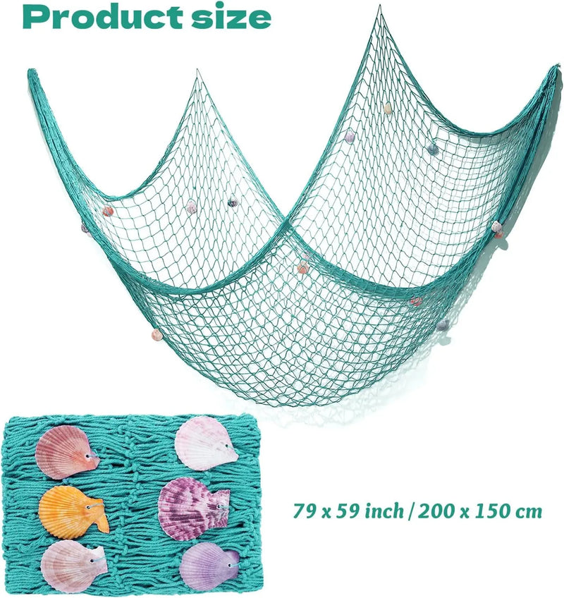Decorative Fish Net, 79 X 59Inch Mediterranean Style Nautical Decorative Fishing Net Wall Hangings Decoration with Sea Shells, Turquoise - Puck's