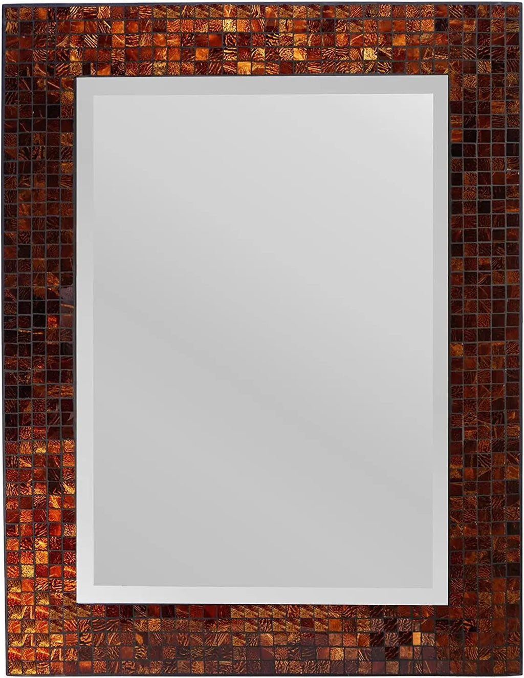 , Decorative Handmade Amber Rectangle Mosaic Beveled Wall Mirror, Frame Measures 31" X 23.5", Beveled Mirror Measures 24" X 15.5" Perfect for Housewarming Gift. (LP307) - Puck's