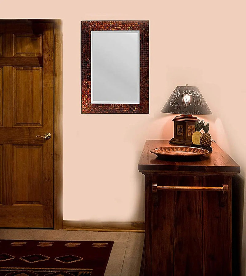 , Decorative Handmade Amber Rectangle Mosaic Beveled Wall Mirror, Frame Measures 31" X 23.5", Beveled Mirror Measures 24" X 15.5" Perfect for Housewarming Gift. (LP307) - Puck's