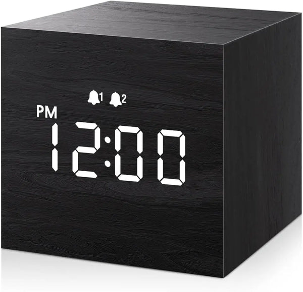 Digital Alarm Clock, with Wooden Electronic LED Time Display, Dual Alarm, 2.5-Inch Cubic Small Mini Wood Made Electric Clocks for Bedroom, Bedside, Desk, Black - Puck's