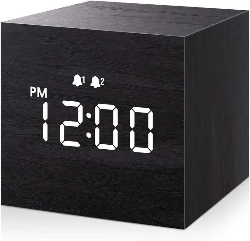 Digital Alarm Clock, with Wooden Electronic LED Time Display, Dual Alarm, 2.5-Inch Cubic Small Mini Wood Made Electric Clocks for Bedroom, Bedside, Desk, Black - Puck's