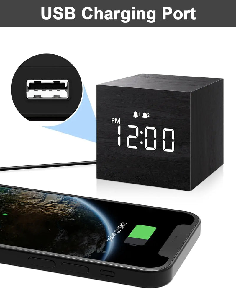 Digital Alarm Clock, with Wooden Electronic LED Time Display, Dual Alarm, 2.5-Inch Cubic Small Mini Wood Made Electric Clocks for Bedroom, Bedside, Desk, Black - Puck's