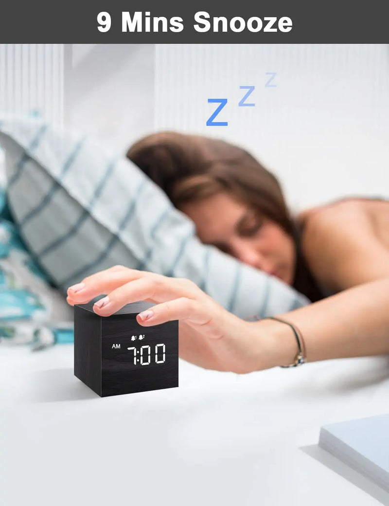 Digital Alarm Clock, with Wooden Electronic LED Time Display, Dual Alarm, 2.5-Inch Cubic Small Mini Wood Made Electric Clocks for Bedroom, Bedside, Desk, Black - Puck's