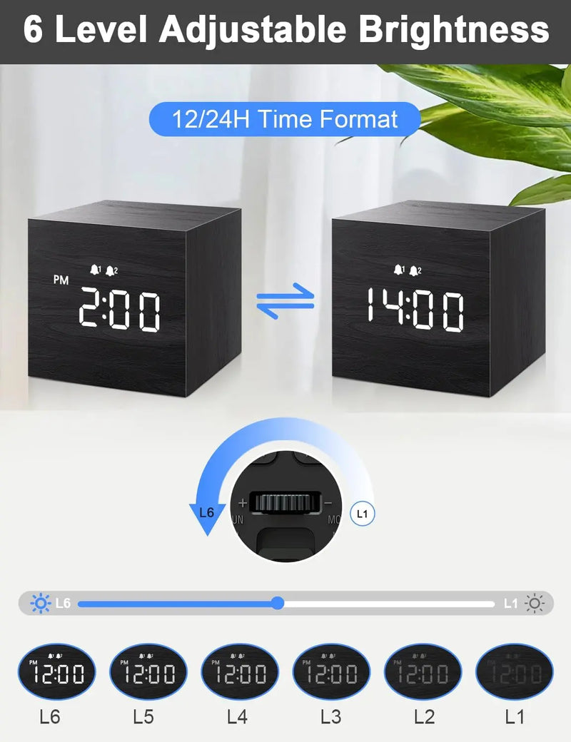 Digital Alarm Clock, with Wooden Electronic LED Time Display, Dual Alarm, 2.5-Inch Cubic Small Mini Wood Made Electric Clocks for Bedroom, Bedside, Desk, Black - Puck's