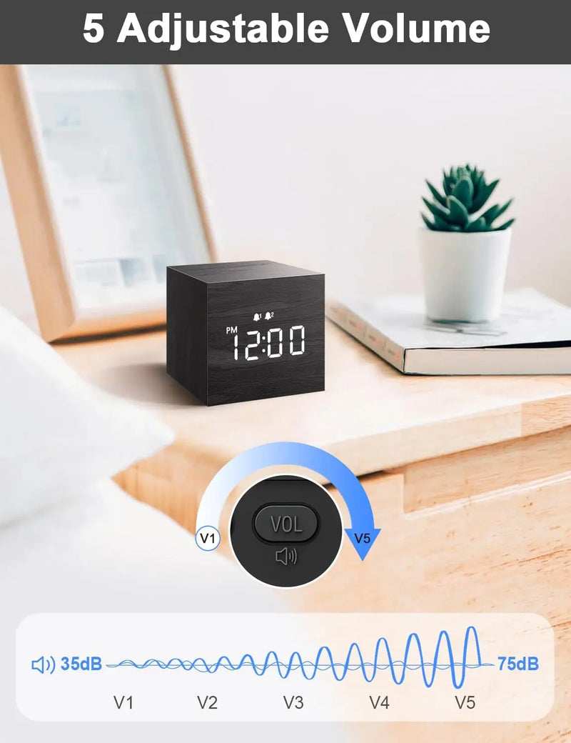 Digital Alarm Clock, with Wooden Electronic LED Time Display, Dual Alarm, 2.5-Inch Cubic Small Mini Wood Made Electric Clocks for Bedroom, Bedside, Desk, Black - Puck's