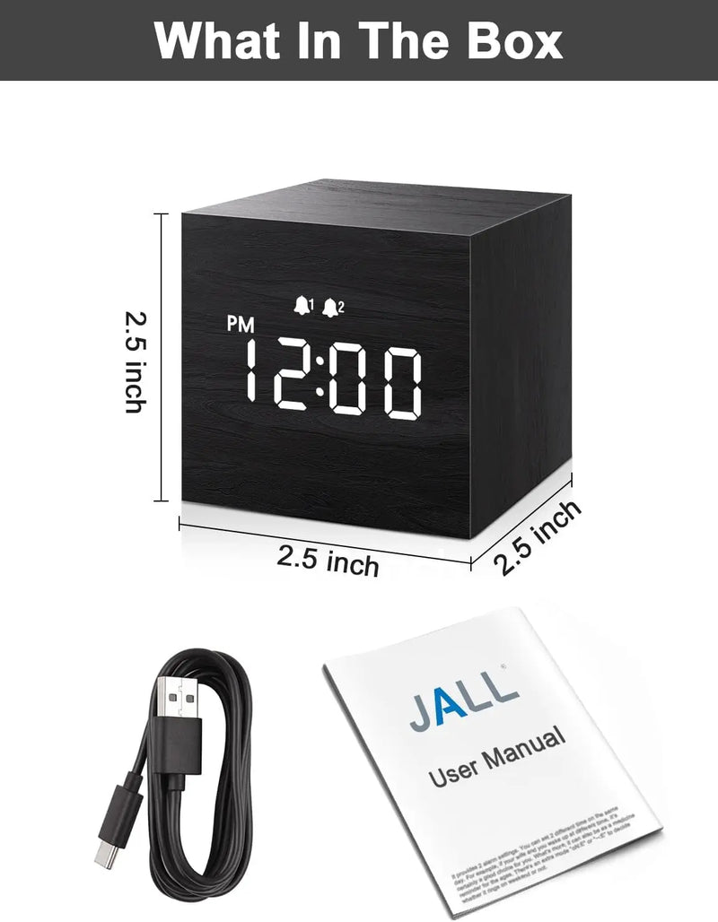 Digital Alarm Clock, with Wooden Electronic LED Time Display, Dual Alarm, 2.5-Inch Cubic Small Mini Wood Made Electric Clocks for Bedroom, Bedside, Desk, Black - Puck's