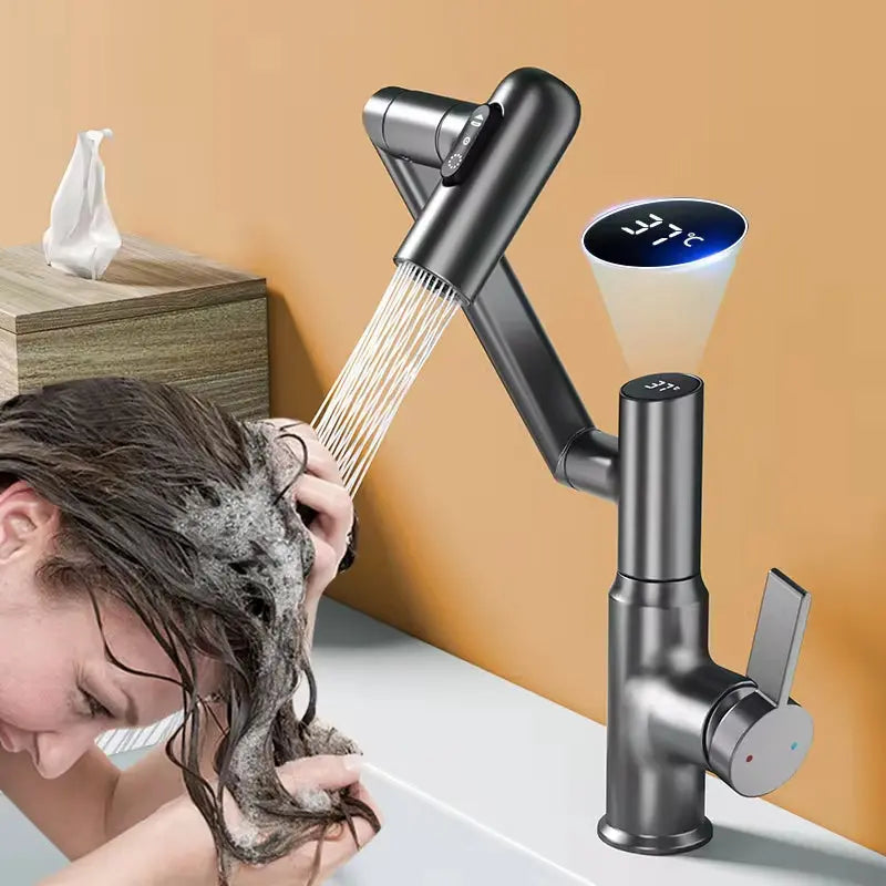 Digital Display LED Basin Faucet 360 Rotation Multi-Function Stream Sprayer Hot Cold Water Sink Mixer Wash Tap for Bathroom - Puck's