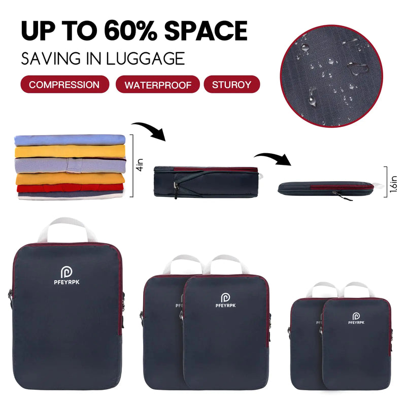 Lightweight Compression Packing Cubes for Suitcases, Compressible Expandable Travel Packing Organizer with Clear Toiletries and Backpack Bag, Travel Essentials for Carry on Luggage 7 Set Black/brownish Red - Puck's