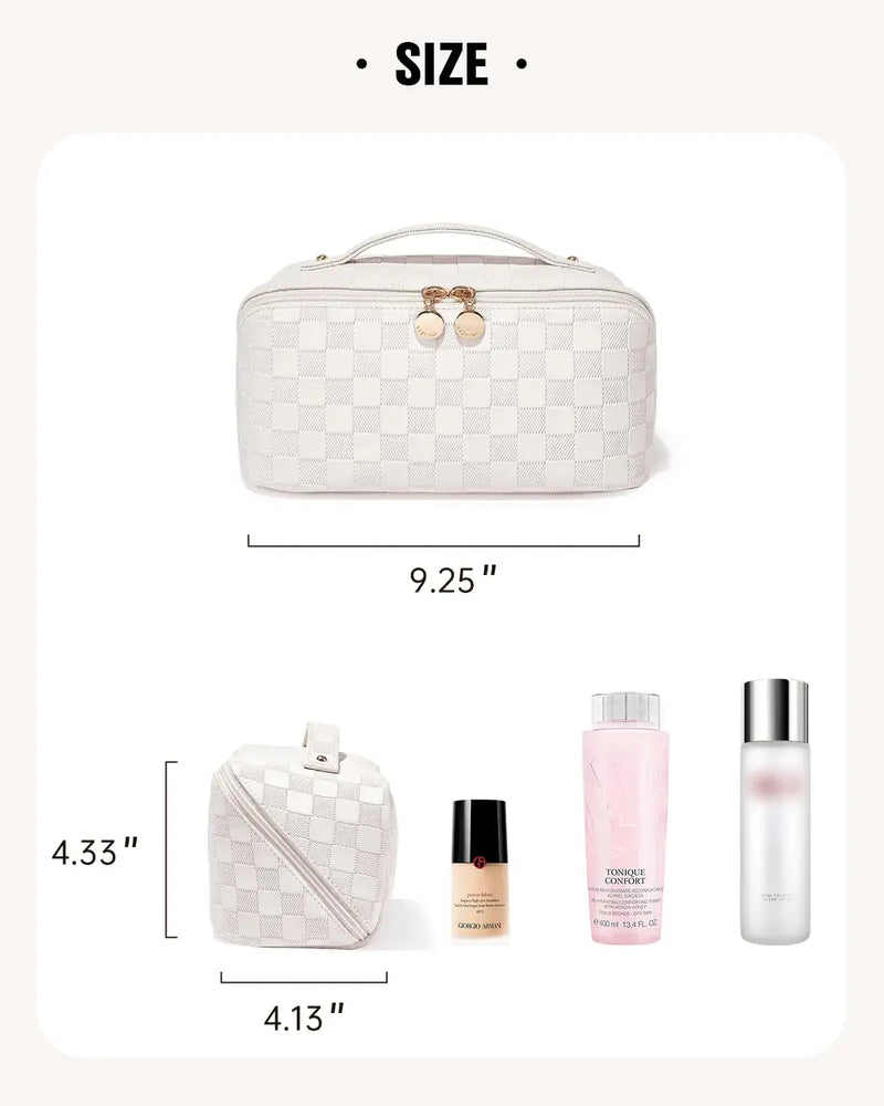 EACHY Travel Makeup Bag,Large Capacity Cosmetic Bags for Women,Waterproof Portable Pouch Open Flat Toiletry Bag Make up Organizer with Divider and Handle Medium BA-White - Puck's