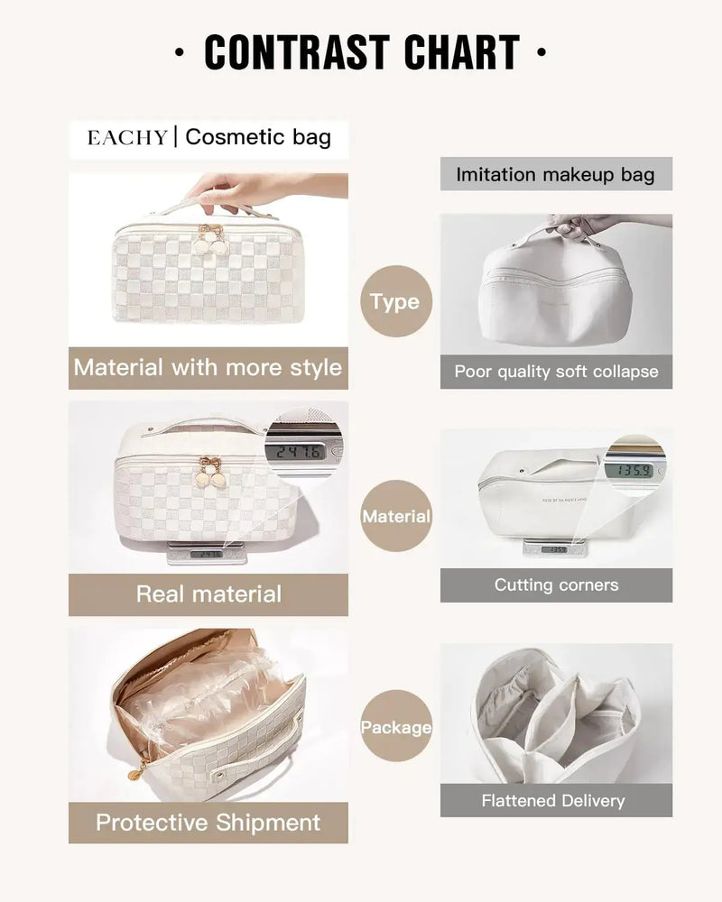 EACHY Travel Makeup Bag,Large Capacity Cosmetic Bags for Women,Waterproof Portable Pouch Open Flat Toiletry Bag Make up Organizer with Divider and Handle Medium BA-White - Puck's