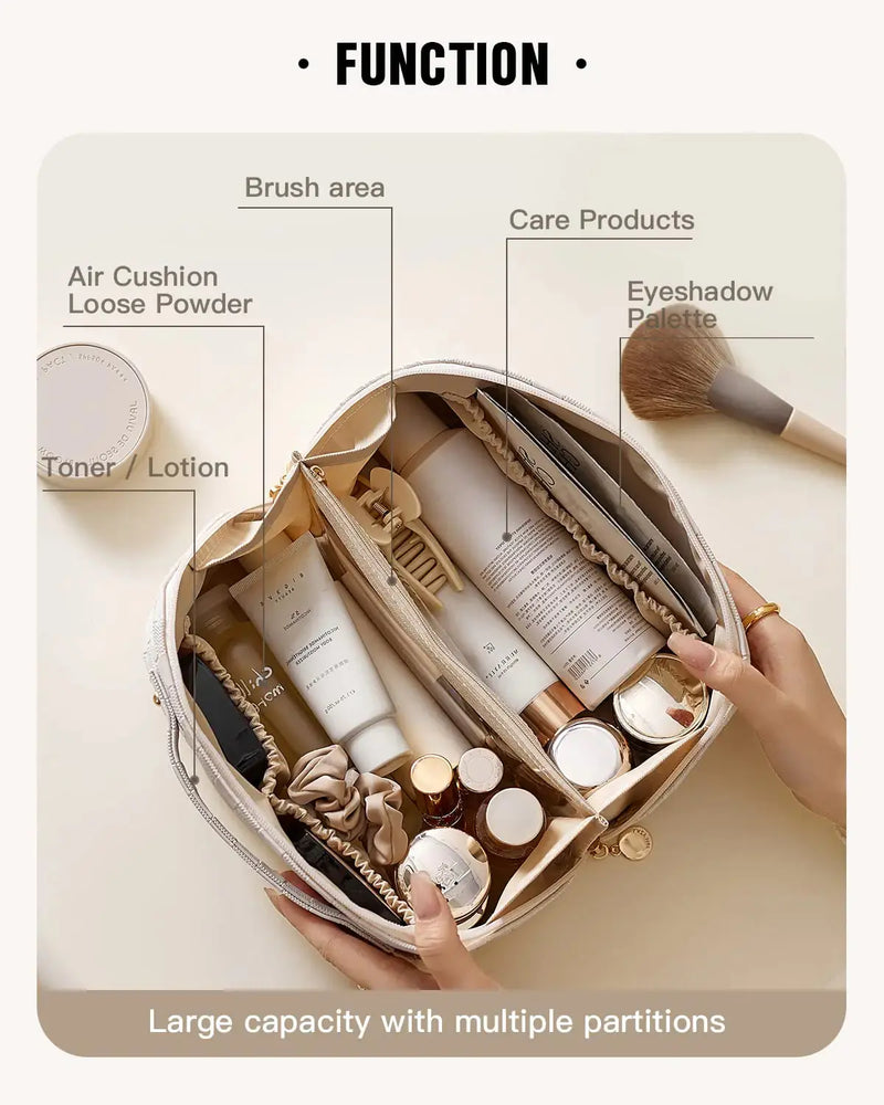 EACHY Travel Makeup Bag,Large Capacity Cosmetic Bags for Women,Waterproof Portable Pouch Open Flat Toiletry Bag Make up Organizer with Divider and Handle Medium BA-White - Puck's