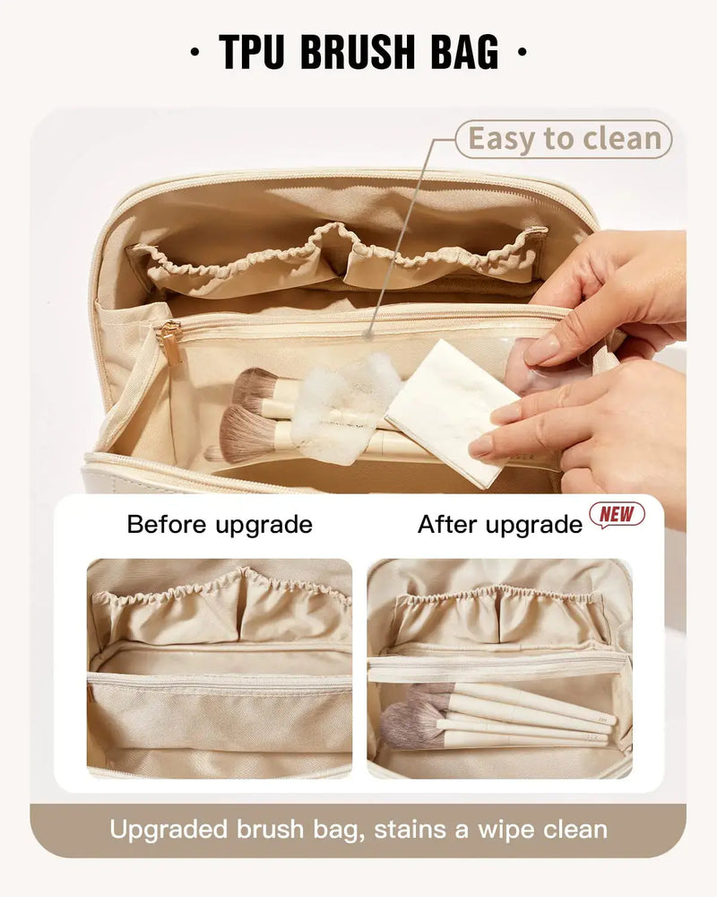 EACHY Travel Makeup Bag,Large Capacity Cosmetic Bags for Women,Waterproof Portable Pouch Open Flat Toiletry Bag Make up Organizer with Divider and Handle Medium BA-White - Puck's