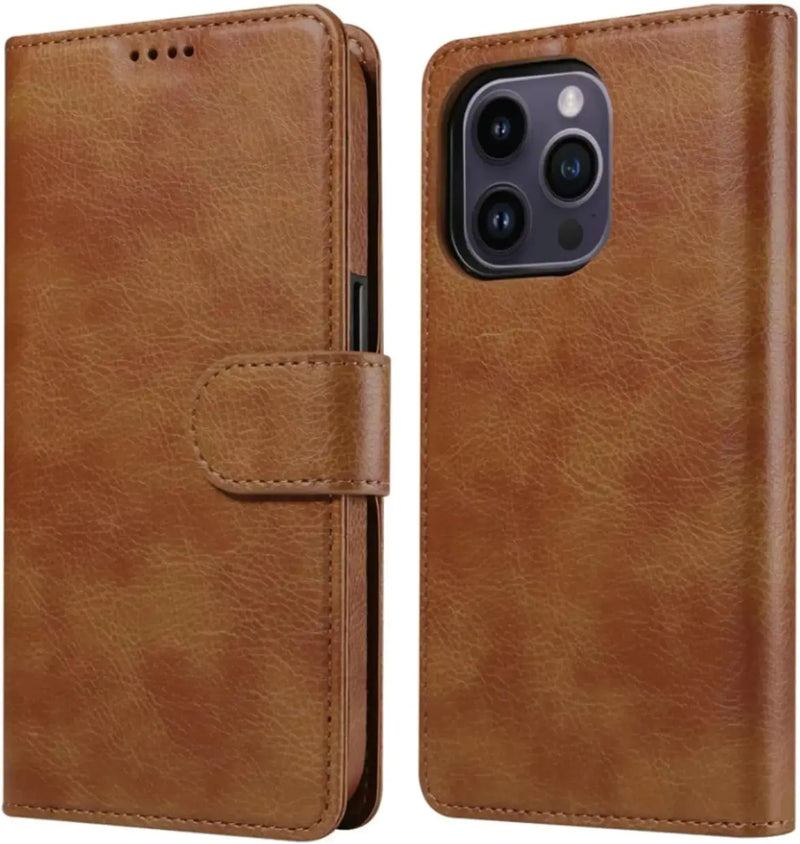 EMF Protection Anti Radiation iPhone Leather Flip Folio Case for iPhone, Genuine Leather Wallet Case/Cover with Card Holder & Stand Function (Brown, iPhone 16 Plus) - Puck's