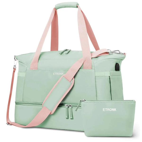 ETRONIK Gym Bag for Women, Travel Duffel Bag with USB Charging Port, Weekender Overnight Bag with Wet Pocket & Shoes Compartment for Women, Travel, Gym, Yoga (Green Pink) Medium Pink Green - Puck's