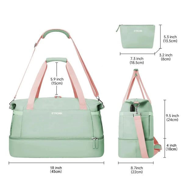 ETRONIK Gym Bag for Women, Travel Duffel Bag with USB Charging Port, Weekender Overnight Bag with Wet Pocket & Shoes Compartment for Women, Travel, Gym, Yoga (Green Pink) Medium Pink Green - Puck's