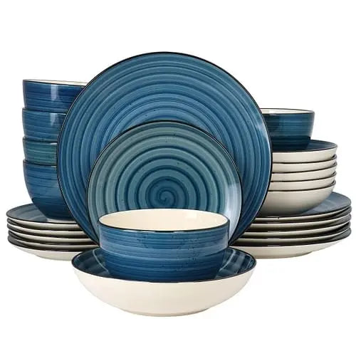 Elama Gia 24 Piece Round Stoneware Dinnerware Set in Dark Blue - Puck's