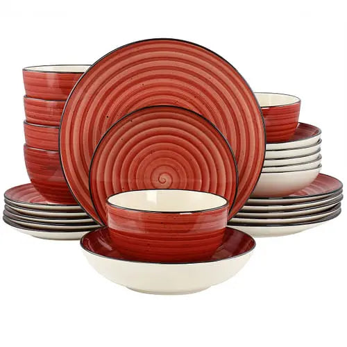 Elama Gia 24 Piece Round Stoneware Dinnerware Set in Red - Puck's