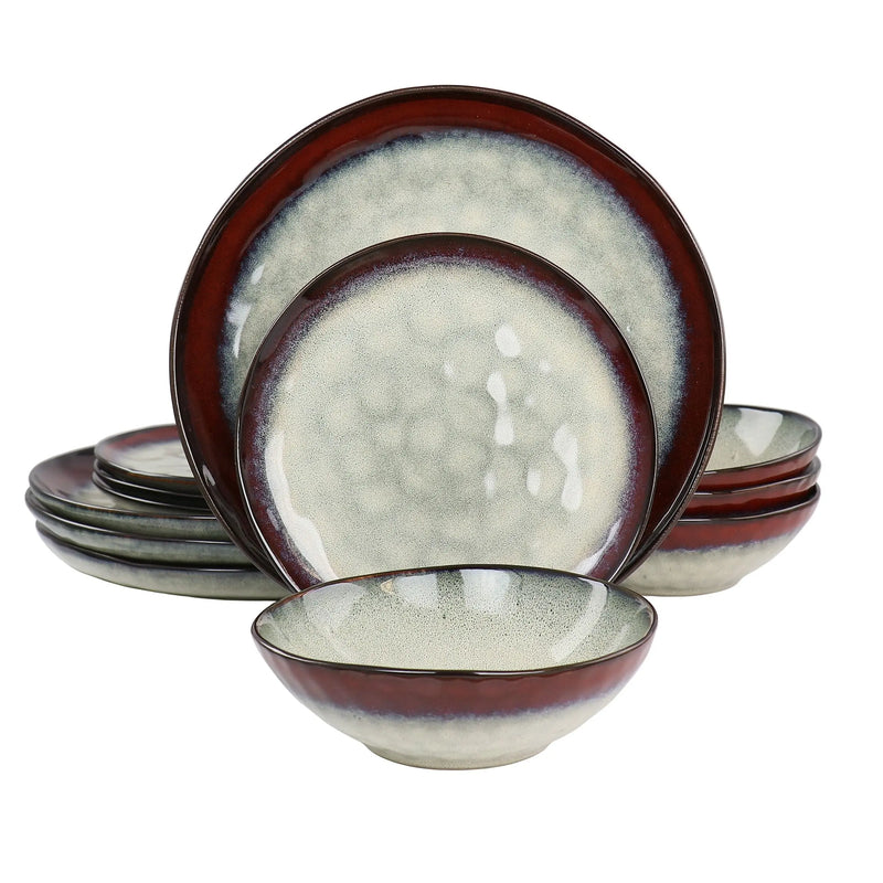 Elama Samara 12 Piece Stoneware Dinnerware Set in Red and Off White - Puck's