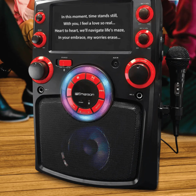 Emerson draagbaar Bluetooth karaokesysteem met 7" LCD-scherm en microfoon - Puck's