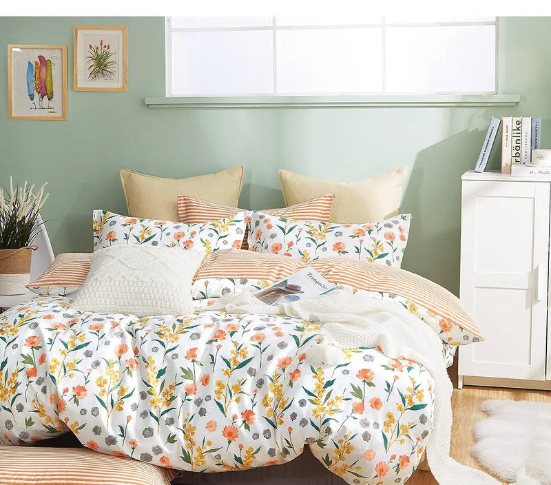 Estella Orange Floral 100% Cotton Reversible Comforter Set - Puck's