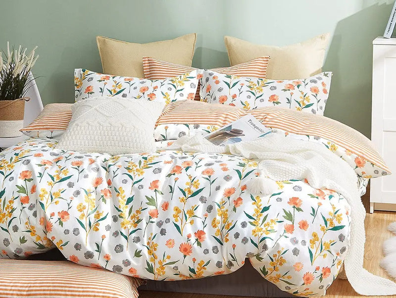 Estella Orange Floral 100% Cotton Reversible Comforter Set - Puck's