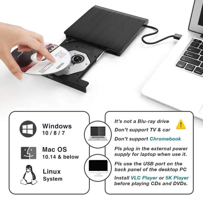 External DVD Drive USB CD DVD 3.0 Burner Writer Rewriter For MacBook - Puck's