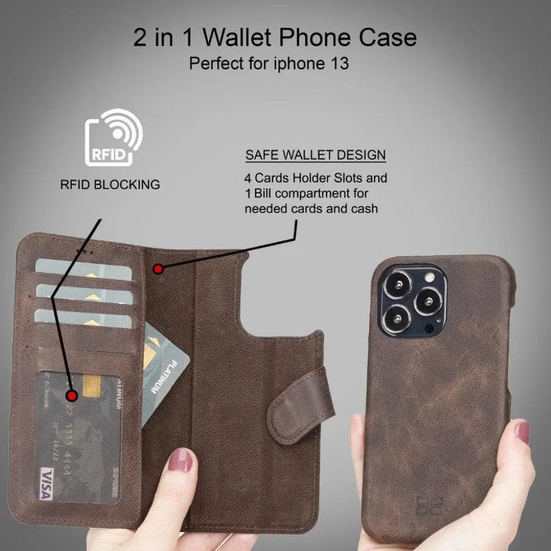Full Leather Coating Detachable Wallet Case for Apple iPhone 13 Series - Puck's